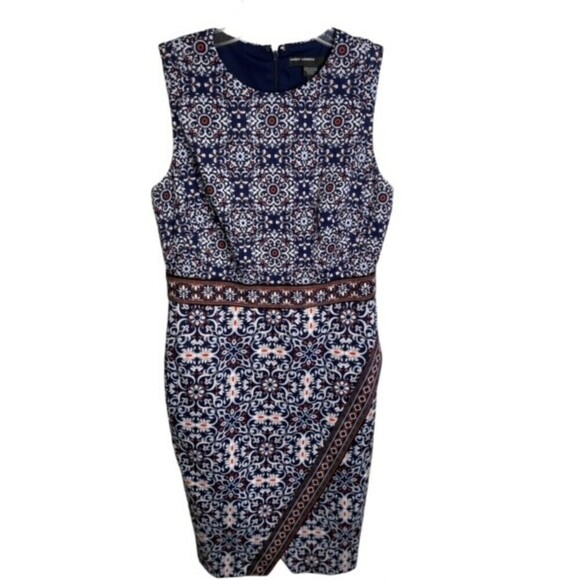 Maggy London Dress V Neck Midi Navy Print Stretchy US 6 EUC - Picture 4 of 5